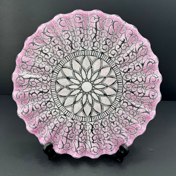 SYDENSTRICKER Embassy Pink Lace Ruffled Cake Plate Art Glass 12" - Picture 1 of 5